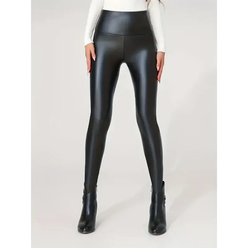 High-waist faux leather pants, black, full-length with a sleek fit