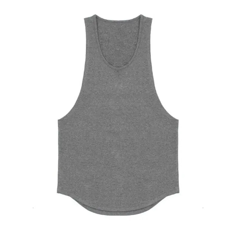 Gray cotton breathable sleeveless muscle tank top for men, solid color gym wear.