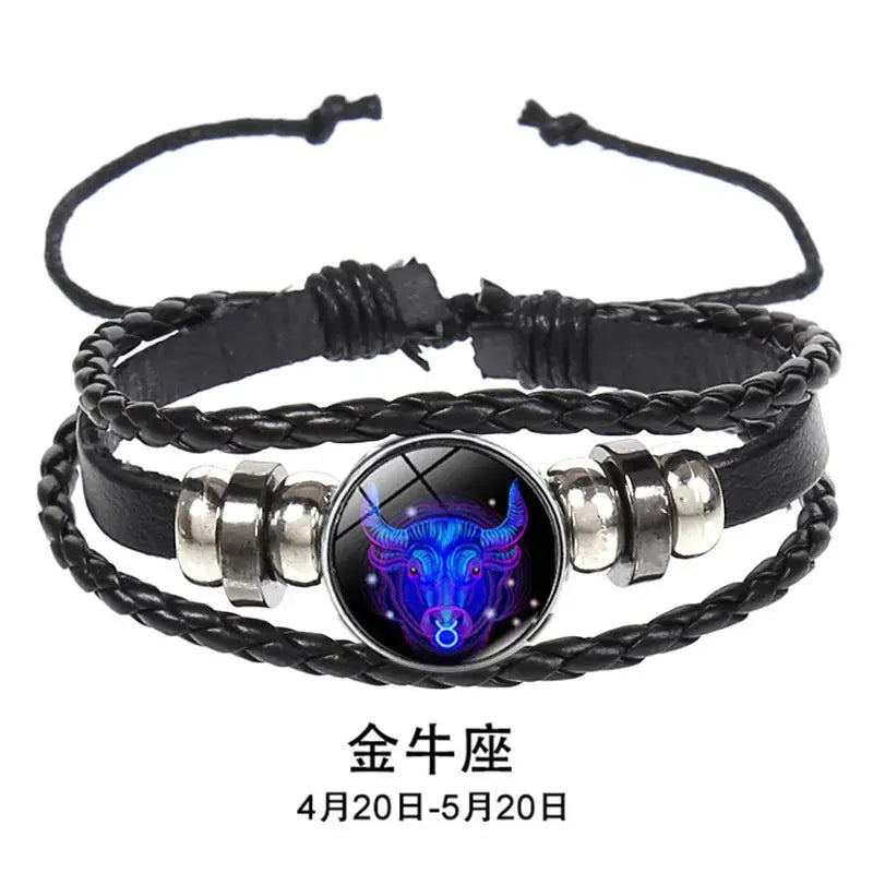 12 Constellation Zodiac Sign Luminous Charm Leather Wrap Bracelet Multilayer Vintage Unisex Bangle