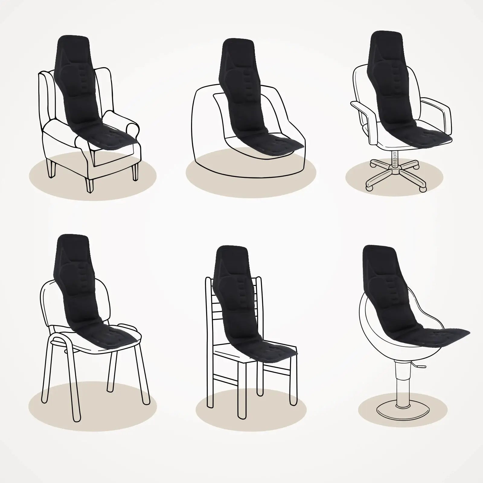 Simples Market black electric back massager chair cushion shown on multiple chairs for home, office, and car use