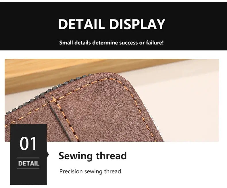 Men's brown leather wallet by Simples Market, close-up of orange stitching and zipper edge