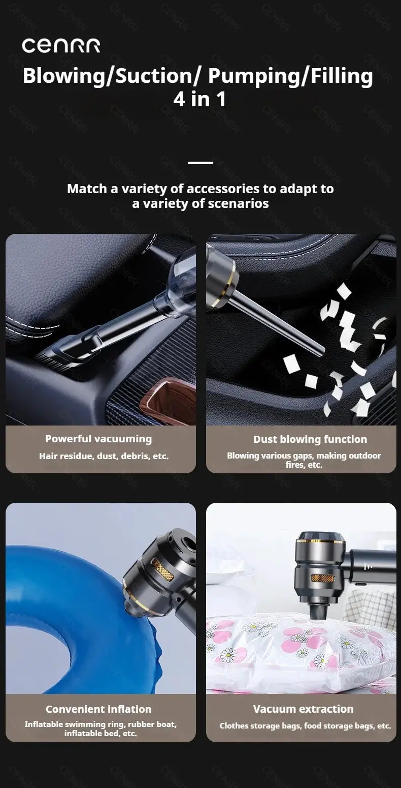 CENRR 4-in-1 car vacuum cleaner kit, portable handheld wireless with multiple accessories.