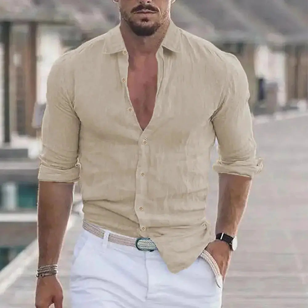 New men's cotton-linen beach shirt in beige, collared, long-sleeve with rolled-up sleeves