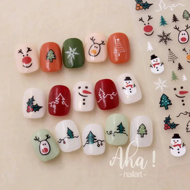 Winter Christmas nail stickers set by Aha! nailart; 15 self-adhesive designs with snowmen, trees and snowflakes.