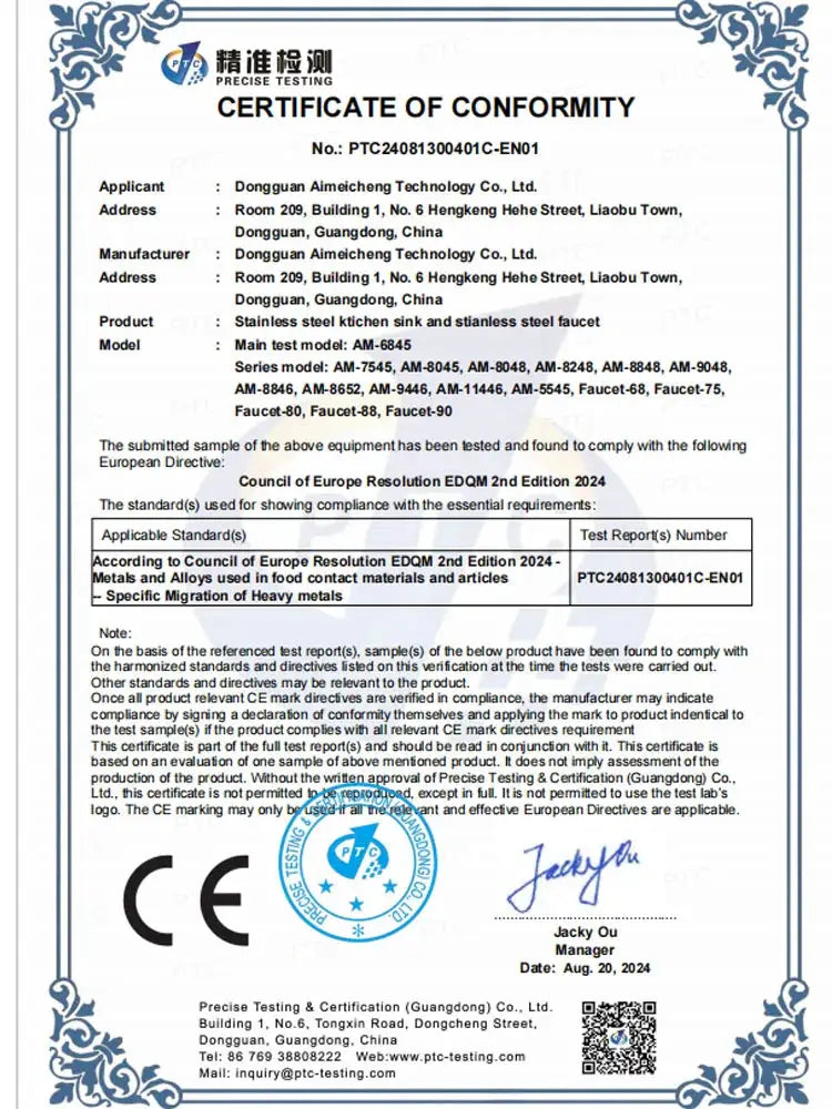 Certificate of conformity for stainless steel kitchen sinks; CE mark with Precise Testing logo and ornate blue border.