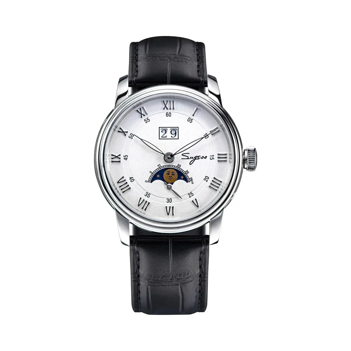 Sugess Moonphase 40mm men's watch; stainless steel case, black leather strap, silver dial with moonphase.