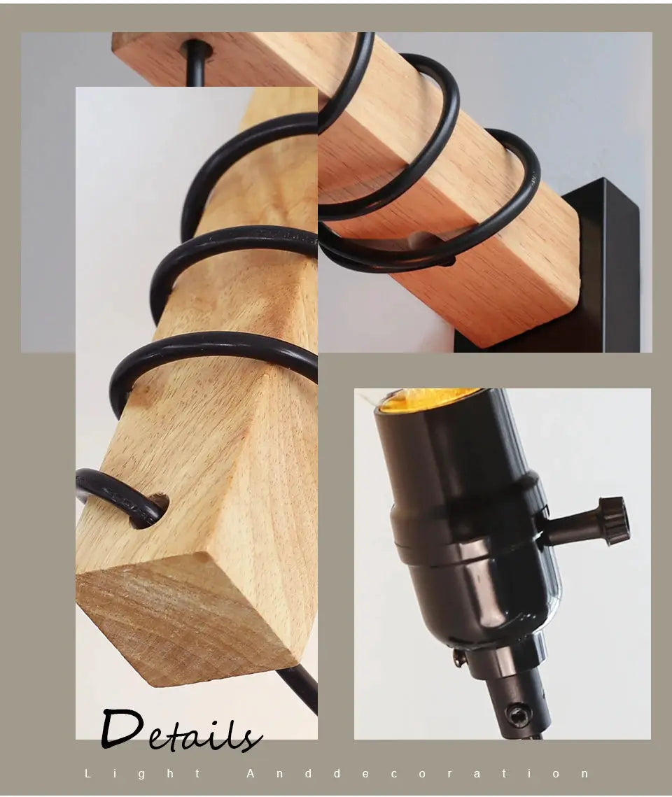 Wall lamp by Simples Market in iron and wood with switch; retro E27 wall sconce