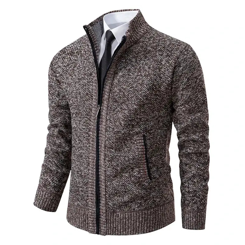 Mens Autumn Winter Solid Color Casual Sports Coat Stand Collar Fleece Lined Zipper Cardigan Warm