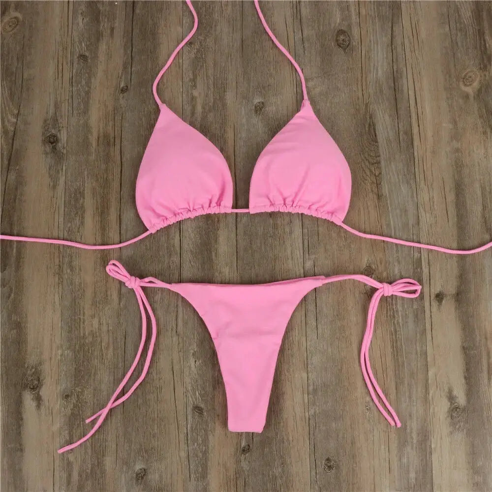 Women's pink two-piece bikini set with tie-side straps; triangle top and thong bottom, Simples Market