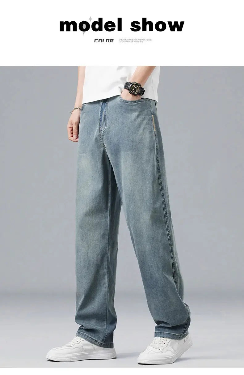 Lyocell men's jeans in light blue, loose straight denim pants for casual wear