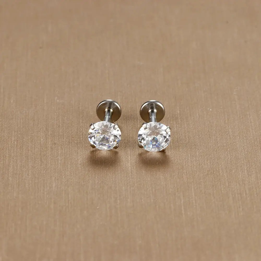 Two-piece labret stud earrings with clear CZ crystals on surgical stainless steel posts