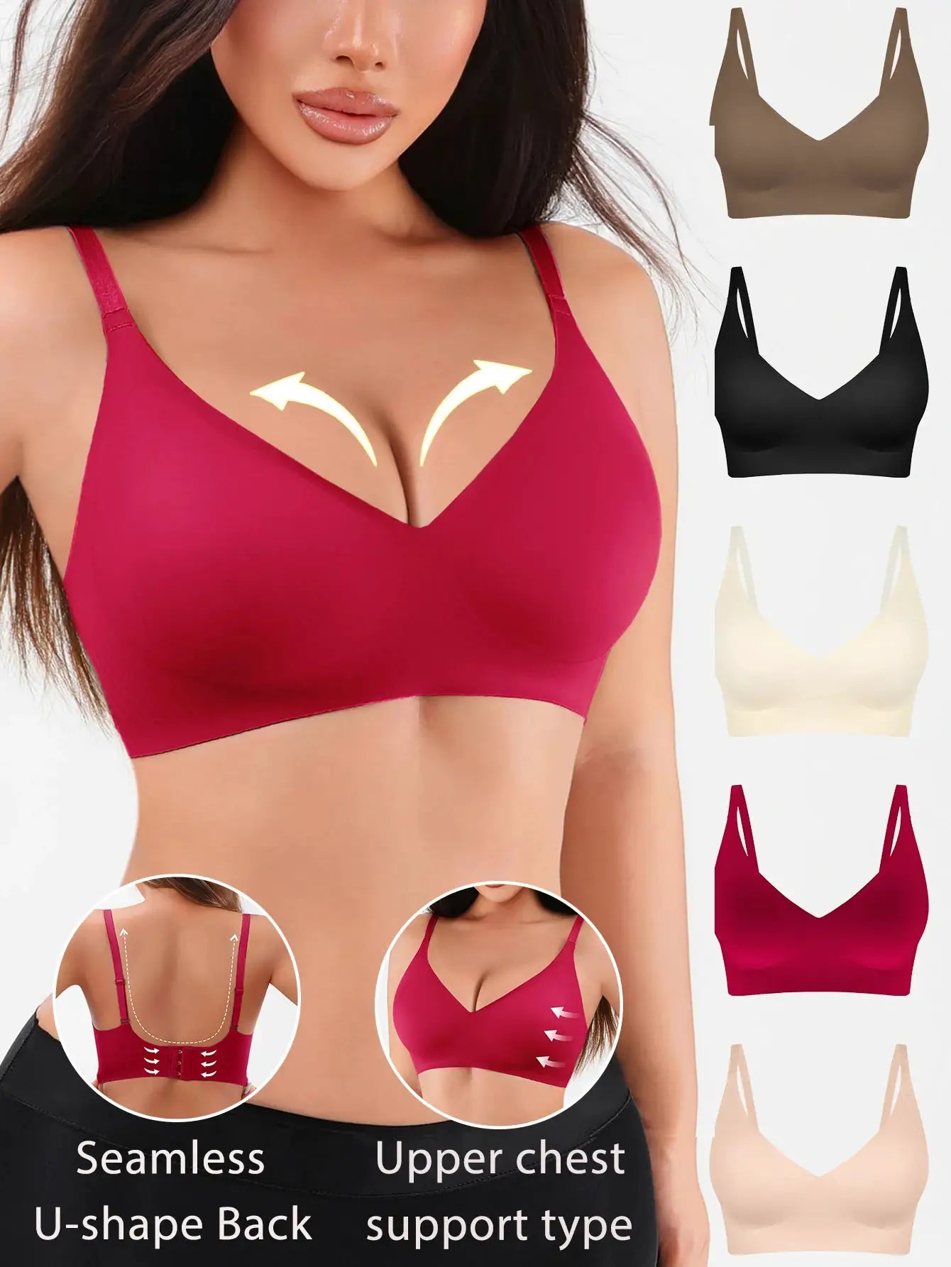 Simples Market seamless jelly glue lady bra, wire-free padded bralette with adjustable straps in red.