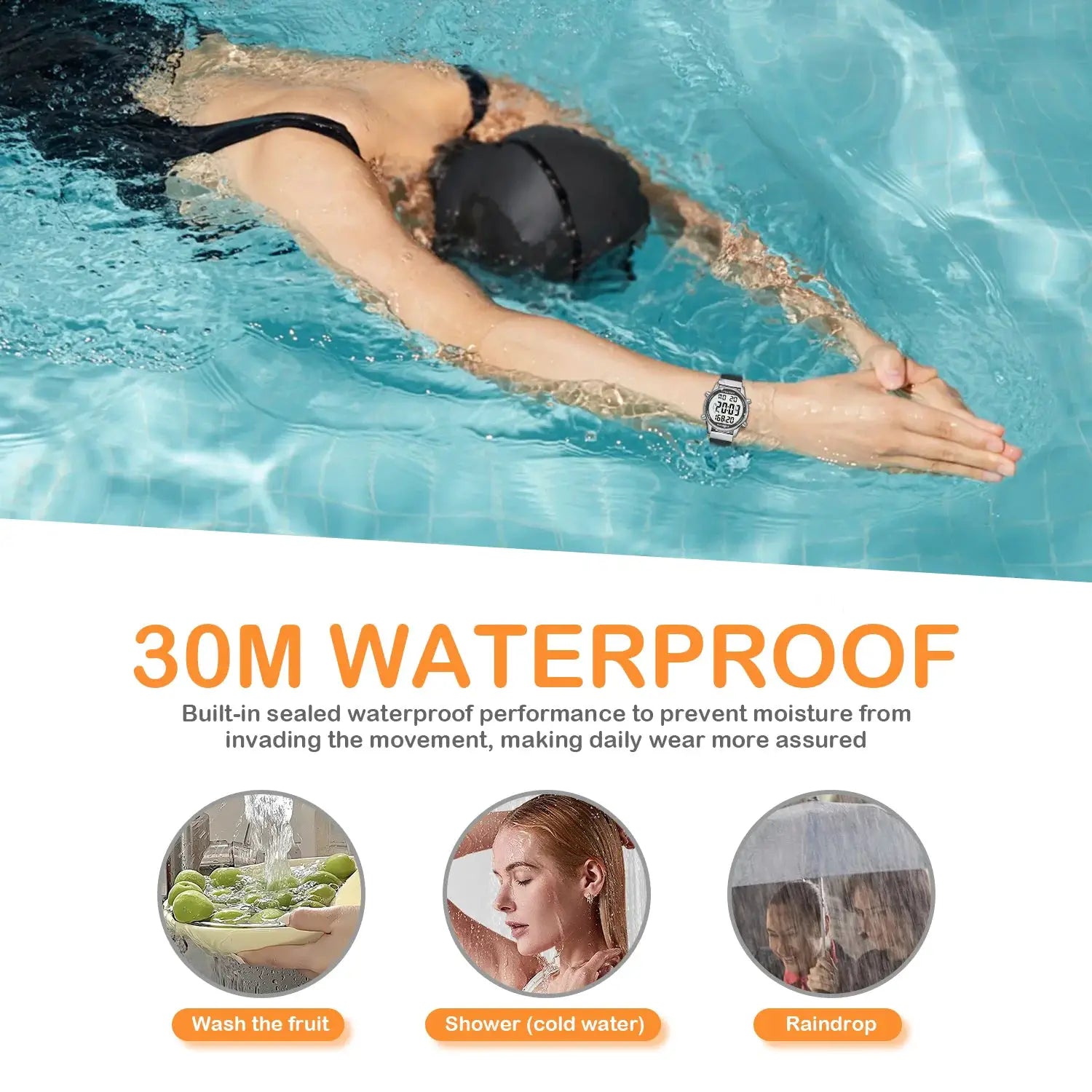 Hearkent pedometer sport watch for women; digital display, stainless steel band, 30m waterproof