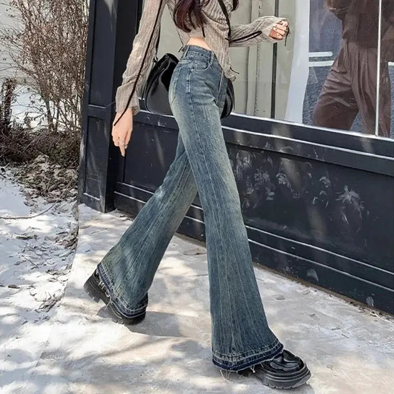 Women High Waist Vintage Flare Jeans Bell Bottom Denim Trousers