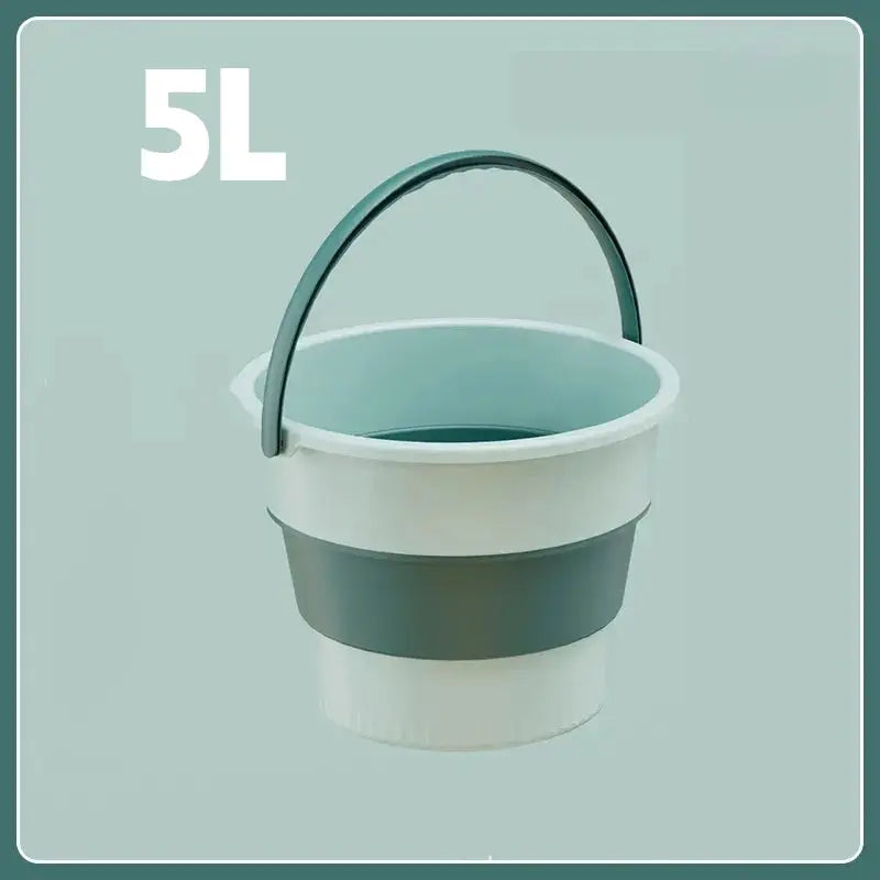 Bucket 5L folding portable with cover, white body with gray band, Simples Market