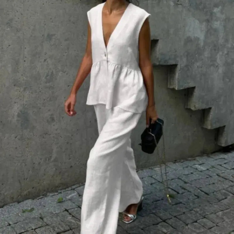 Women Sleeveless V Neck Top Two Piece Summer Set With Straight Pants