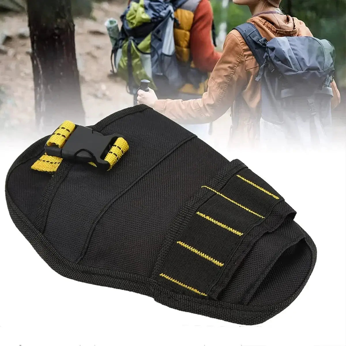 Cordless drill holster by Simples Market, black nylon with metal clip and yellow stitched belt loops