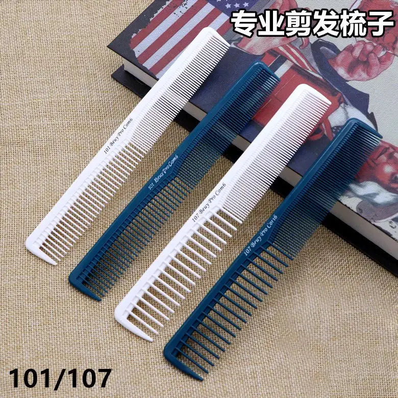 Set of four anti-static flat-head fine-tooth hair cutting combs in white and blue for professional salon use.