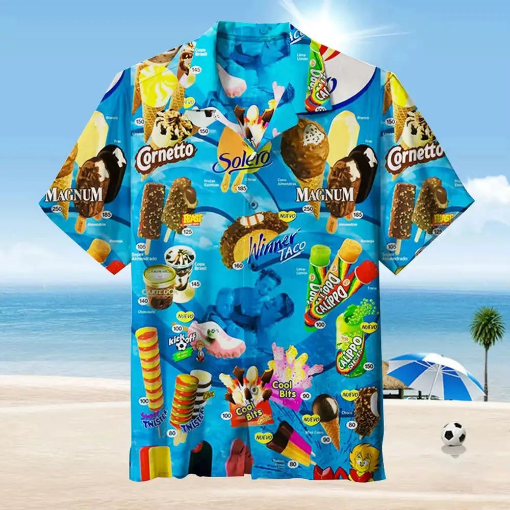 Hawaiian shirt with blue 3D ice-cream print, unisex oversized short-sleeve beach shirt