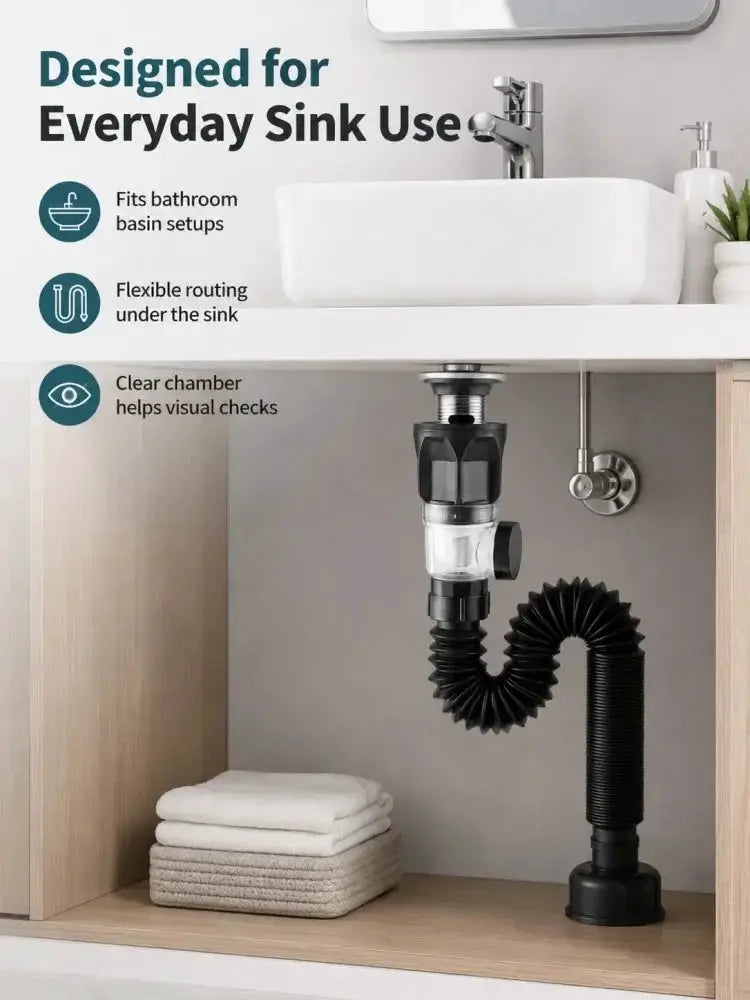 Bathroom sink drain kit under-sink assembly with black accordion-style flexible hose