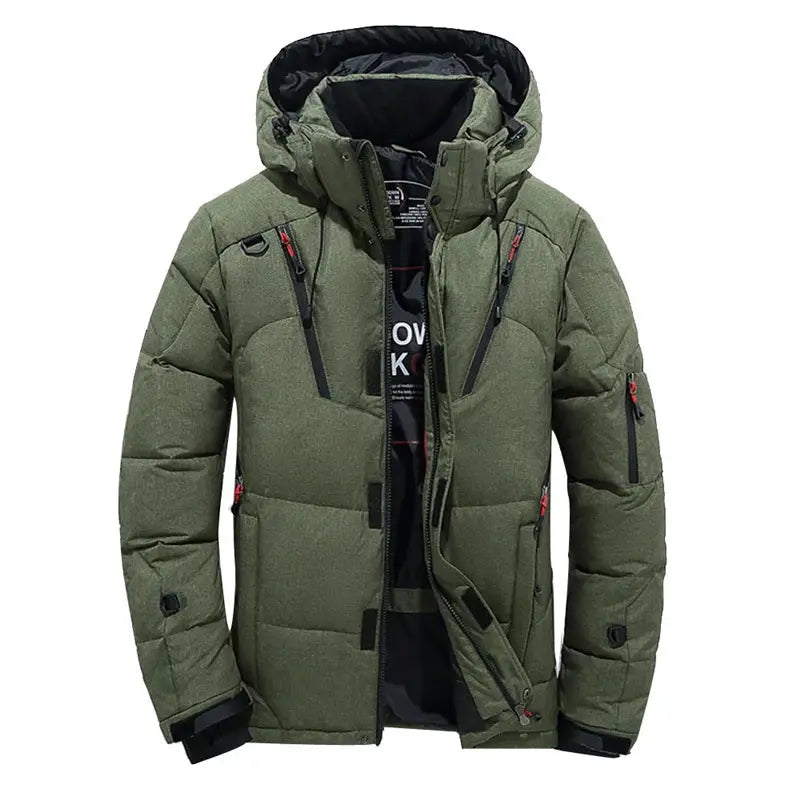 Men's Simples Market olive green duck-down hooded puffer jacket with zip pockets