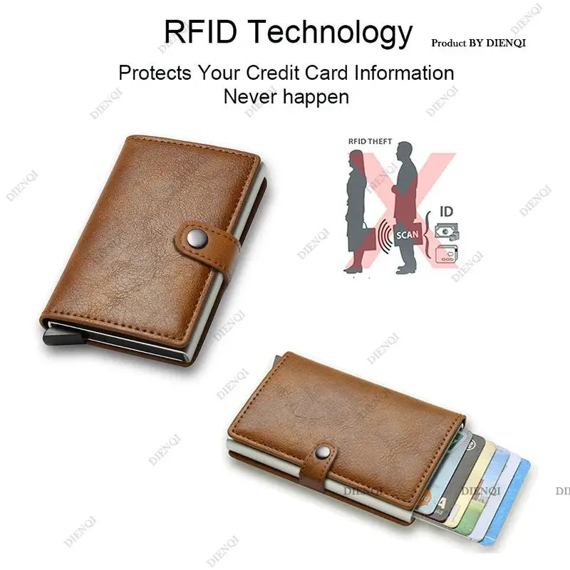 Simples Market RFID credit card holder wallet, brown leather, slim minimalist design, two views