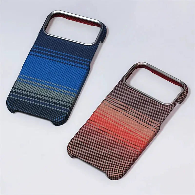 iPhone MagSafe case set with carbon fiber abstract geometric pattern in blue and brown, two shockproof shells