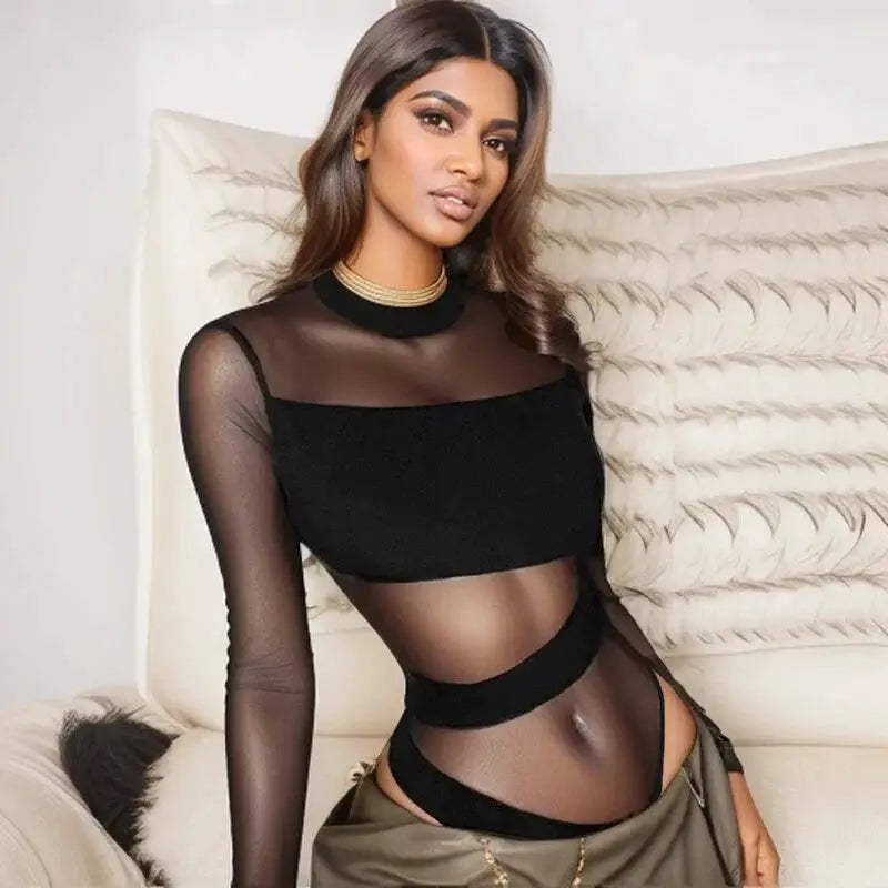 Mesh jumpsuit bodysuit in black with long sleeves and cut-cross hollow design for clubwear