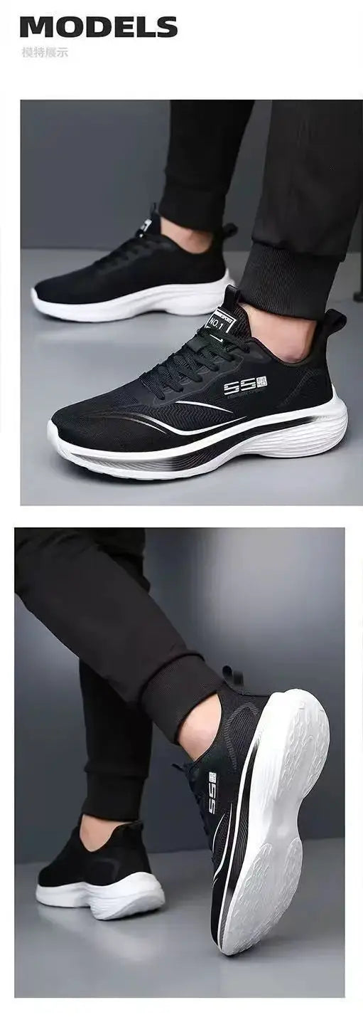 Simples Market men's breathable mesh sneakers, black with white non-slip sole, lightweight casual running shoes