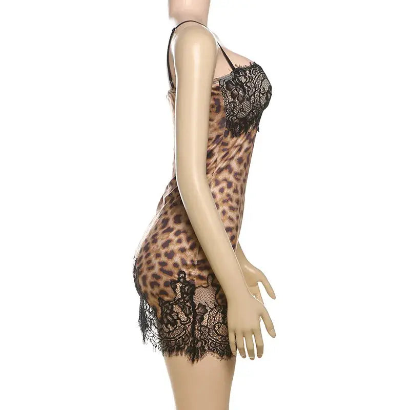 Julissa Mo Leopard Lace Mini Dress Spaghetti Strap High Waist Women