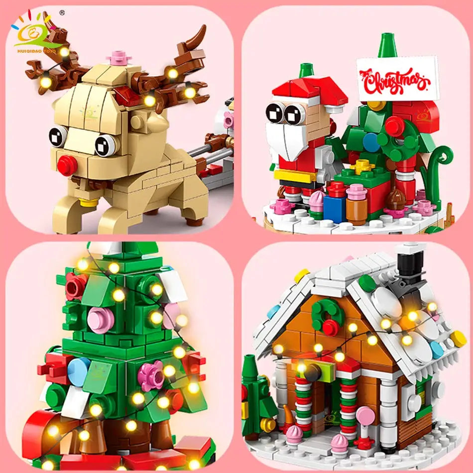 HUIQIBAO 6 In 1 Christmas Building Blocks Set Elk Deer Santa Claus Snow House Xmas Tree Bricks Toys for Children Gifts