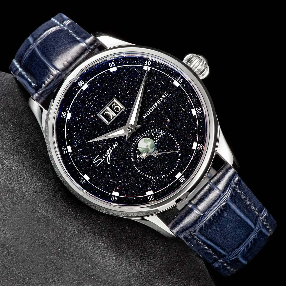 Men's Sugess Moonphase watch, 40mm automatic stainless steel case, blue starry dial and blue leather strap