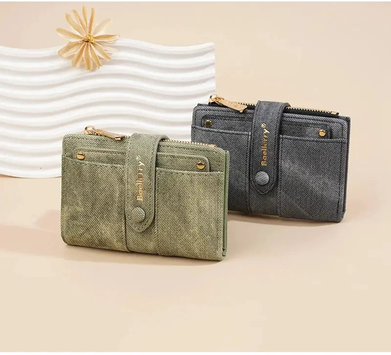Baellerry women's short wallets with zipper coin pocket, denim fabric 2-pack in green and navy, detachable card clip
