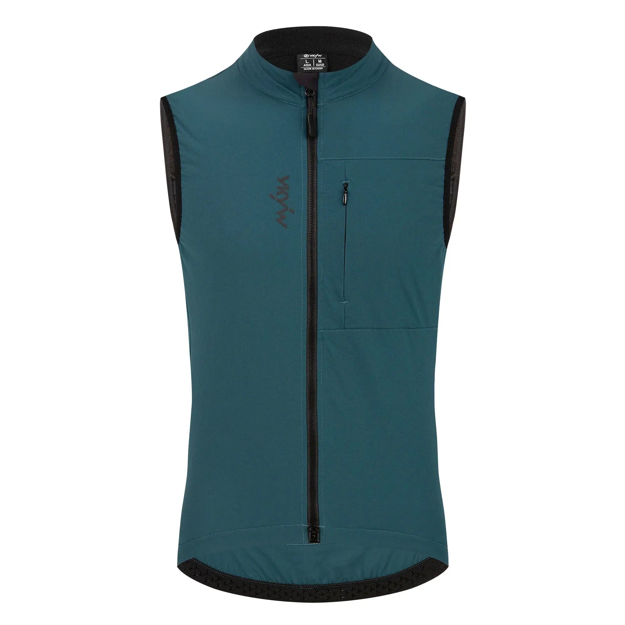 Teal sleeveless cycling vest with full zip, fleece-lined collar, and visible YKYW logo