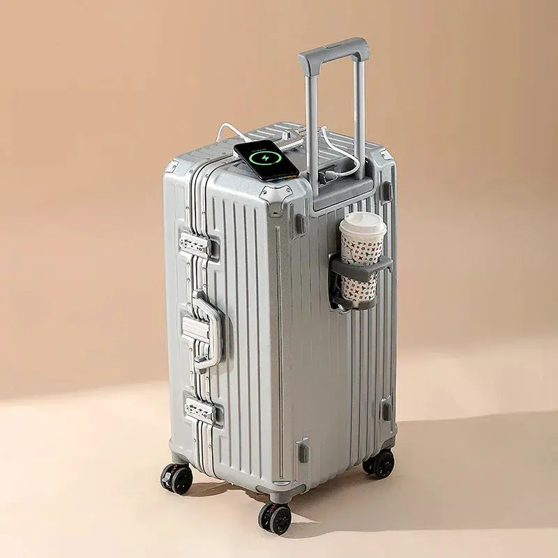 Hard-shell carry-on suitcase by Simples Market in silver with USB charging for travel