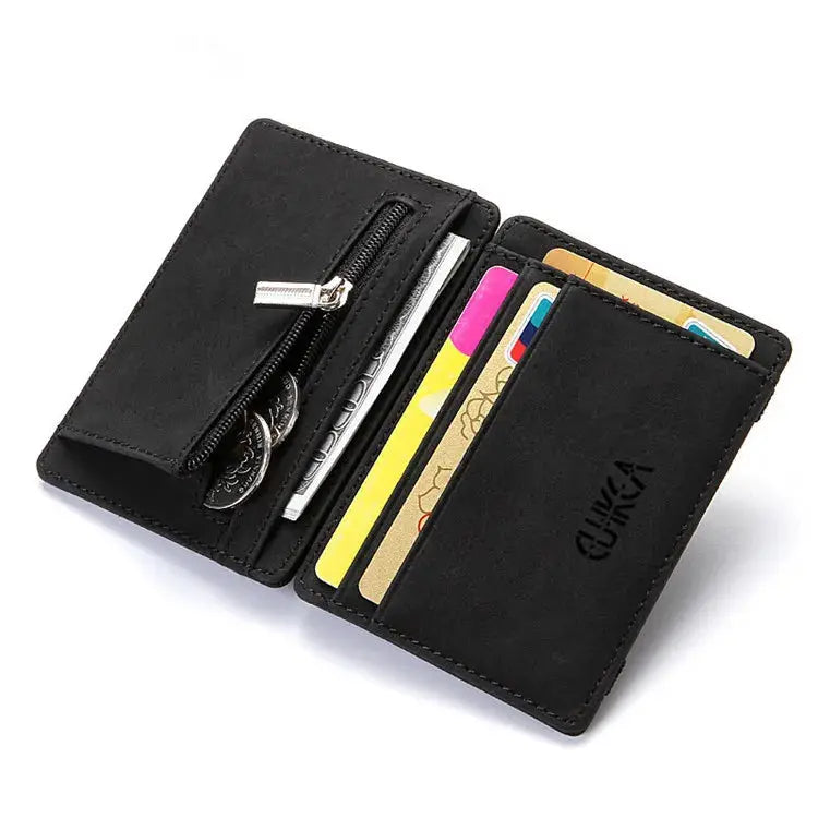 Mini men card holder wallet by Simples Market, black PU leather with zipper coin pocket, slim and compact.
