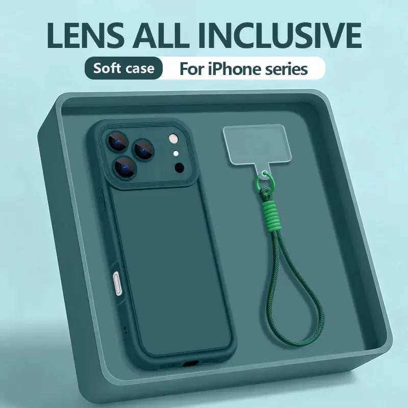 Simples Market wrist-strap TPU phone case for iPhone series; shockproof soft silicone cover in teal with green lanyard.