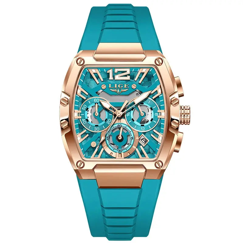 LIGE men's chronograph watch with teal silicone strap and rose-gold case, blue dial, subdials and date window