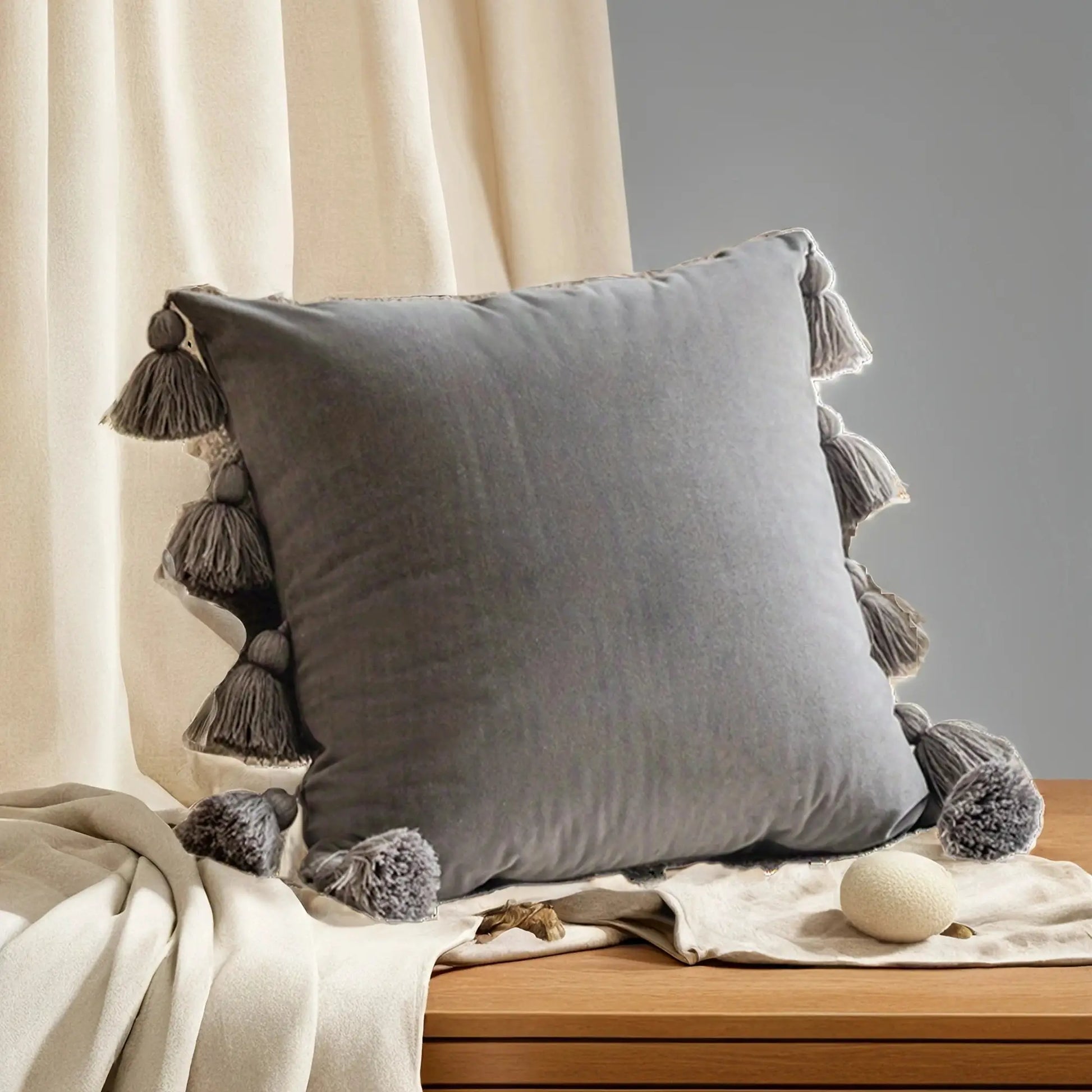 Simples Market 1pc solid gray decorative throw pillow cover with tassel fringe for couch or bed