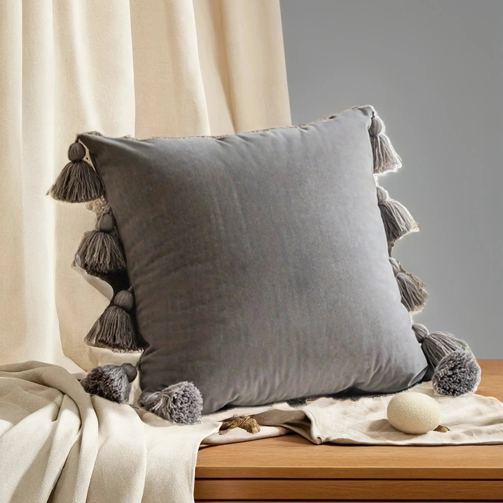 Simples Market 1pc solid gray decorative throw pillow cover with tassel fringe for couch or bed