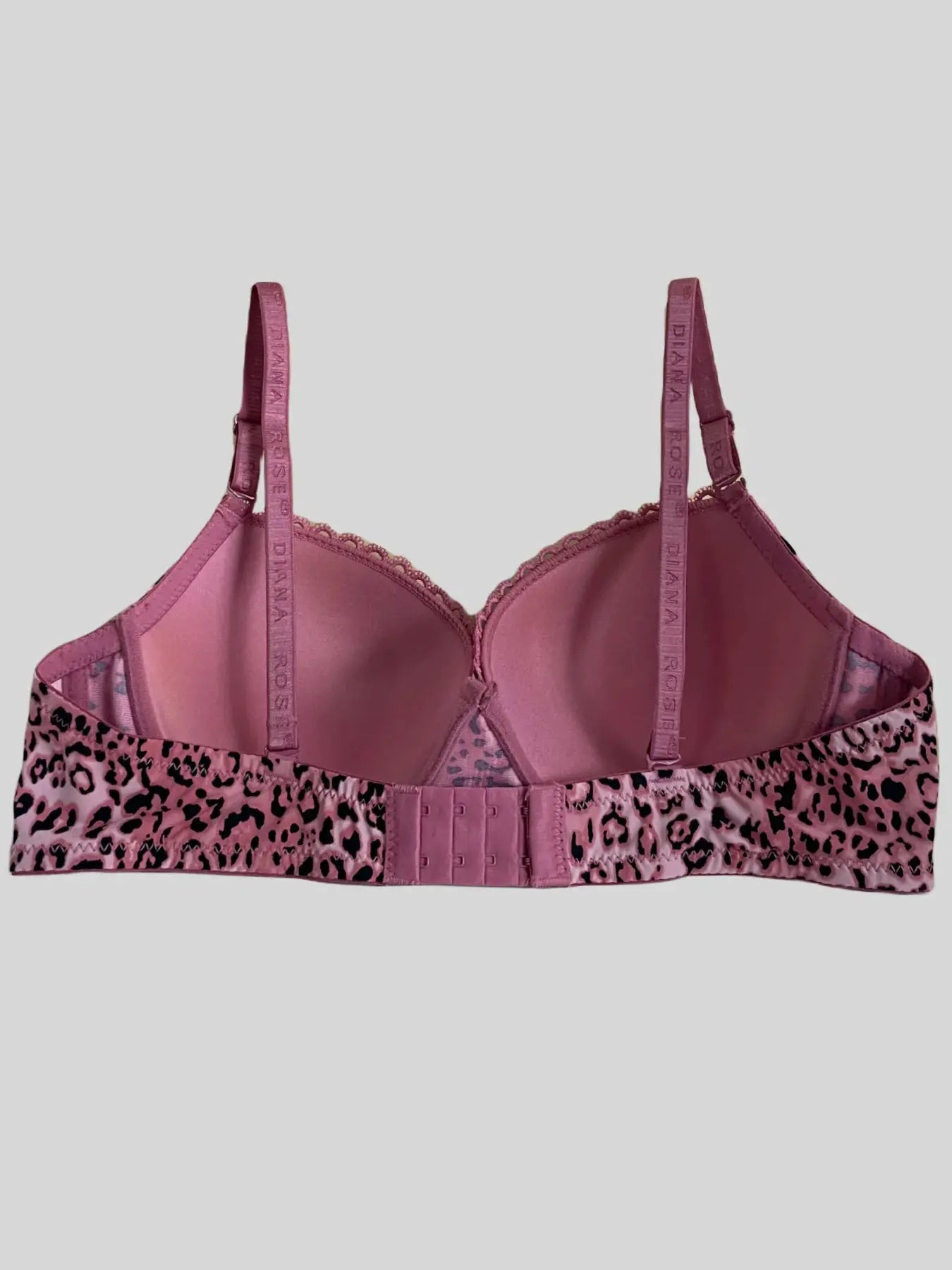 Diana Rose leopard print push-up bra, pink satin cups with adjustable straps and leopard band, B cup