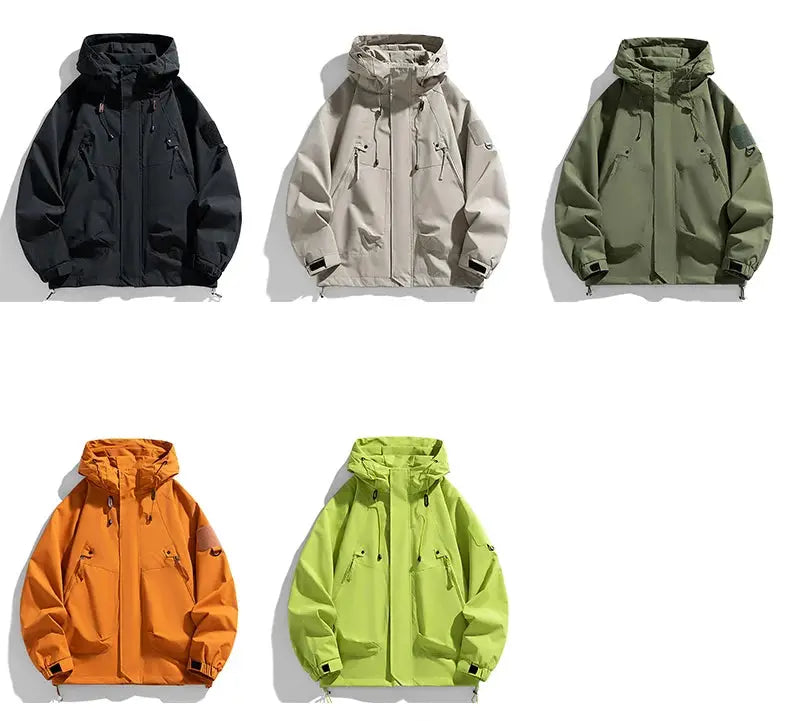 Five men's hooded windbreaker jackets in black, beige, olive, orange, and lime; waterproof softshell with zip pockets.