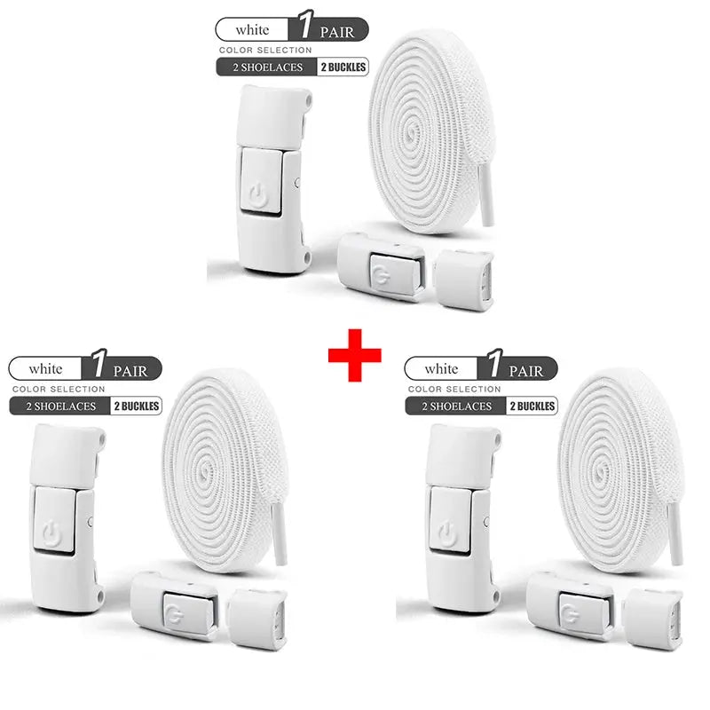 Simples Market white no-tie elastic shoelace set with press-lock buckles; 8mm wide, includes 4 pairs