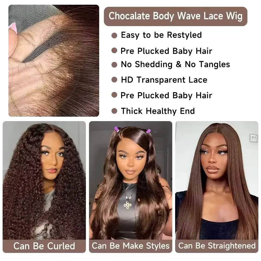 13x6 Chocolate Brown HD Swiss Lace Front Human Hair Wigs Body Wave 46 Inch 200 Density Colored Human Hair Wigs For Women