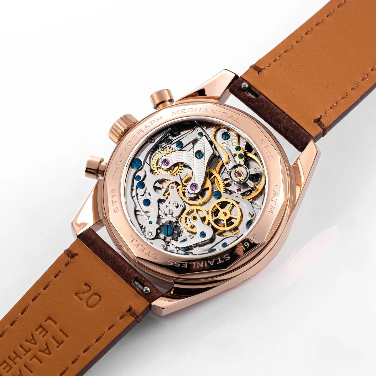 Sugess men's 38mm skeleton chronograph watch with rose-gold case and tan leather strap