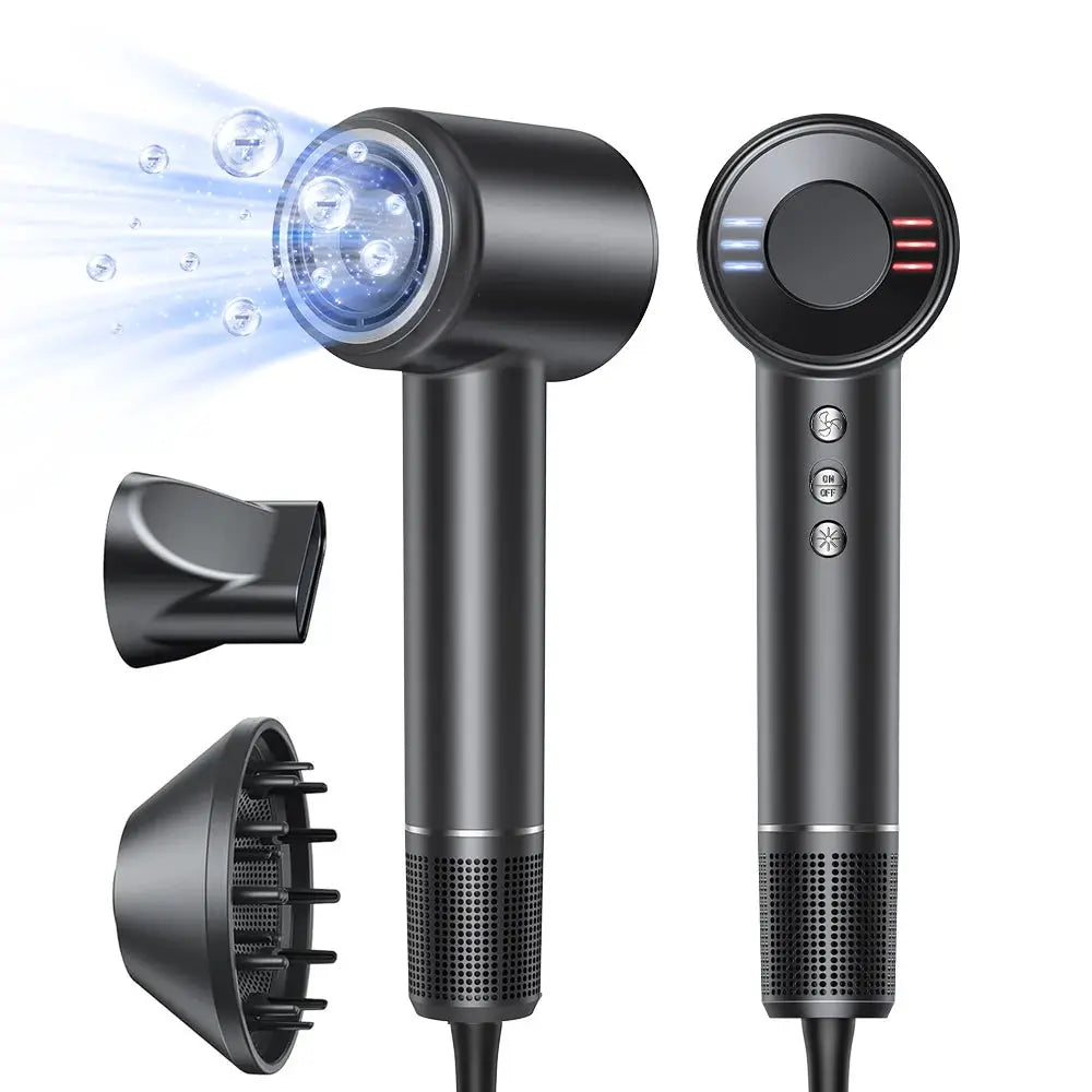 Electric hair dryer by Simples Market, black, 1600W, brushless motor, includes diffuser and concentrator nozzle