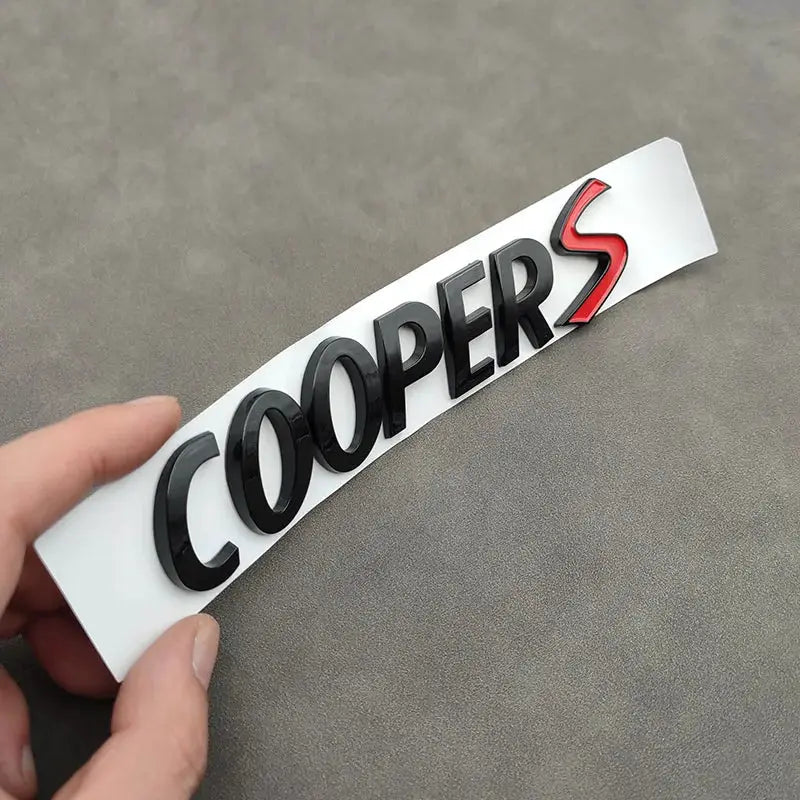 3D metal COOPER S car badge sticker emblem with black letters and red S on white backing