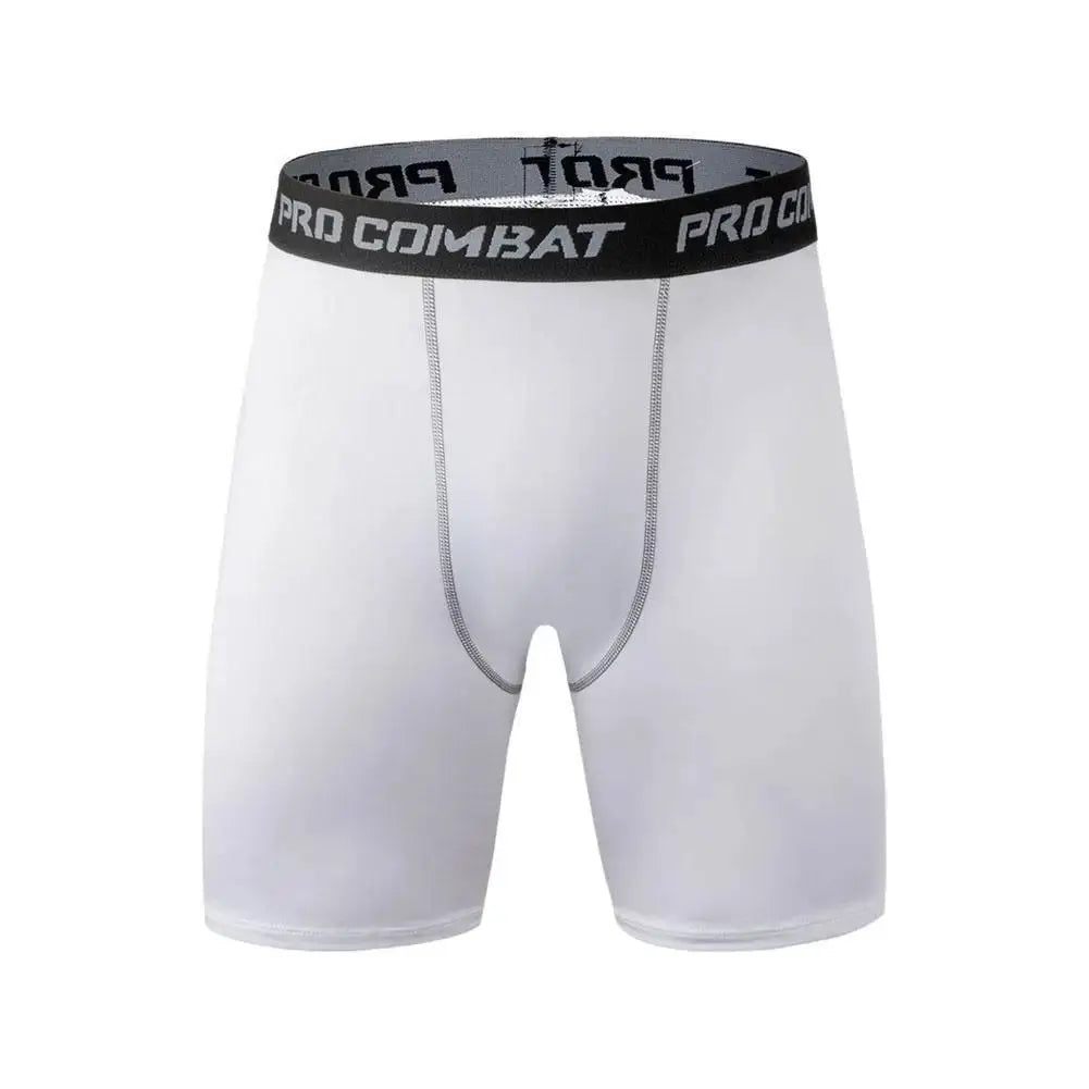 Men's white bodybuilding compression shorts with black Pro Combat waistband