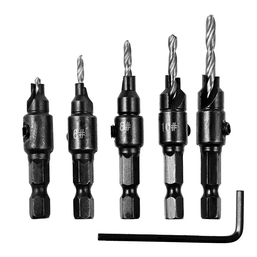 5 Piece Woodworking Taper Hex Shank Countersunk Drill Bit Set For Flush Screw Heads