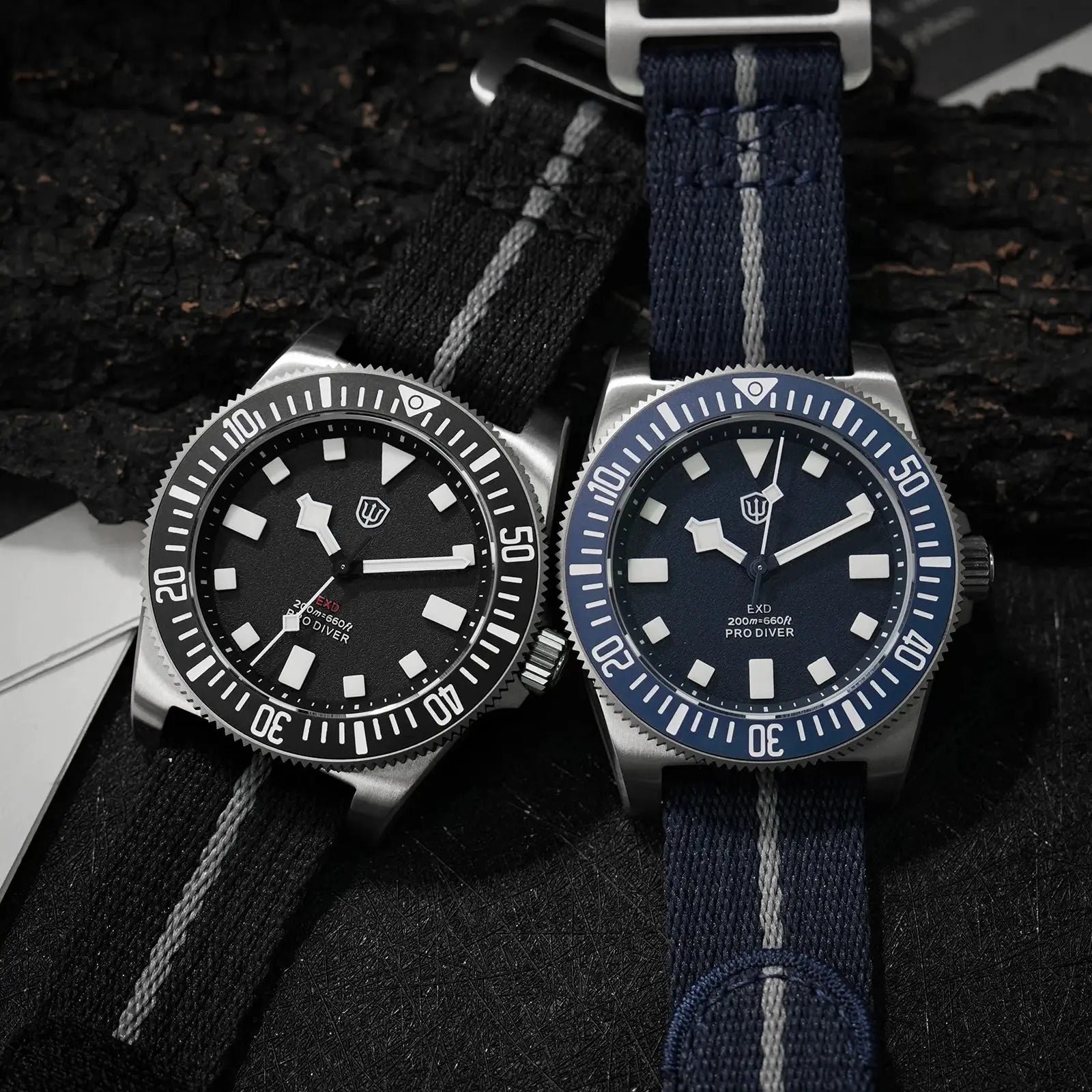 Watchdives EXD 40mm titanium dive watches with black and blue dials on NATO straps, two watches.